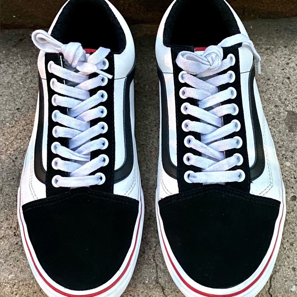 Old Skool Custom White Leather, Black Suede, Red Trim Vans Embroidered ONE MORE